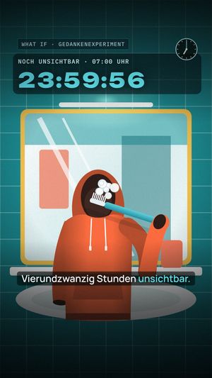 Szene aus WHAT IF 07: ein roter Hoodie ohne Kopf putzt Zähne, darüber der Countdown 23:59:56