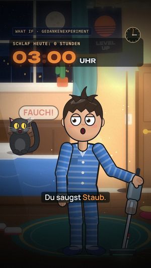 Szene aus WHAT IF 08: Junge im Schlafanzug saugt um 3 Uhr nachts Staub, die Katze faucht